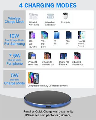Pad de charge sans fil portatif 2 en 1 Qi 10W Surface miroir pour téléphone portable