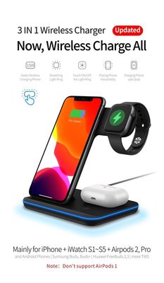 Chargeur sans fil en silicone Qi 3 en 1, chargeur portable de téléphone sans fil 15w